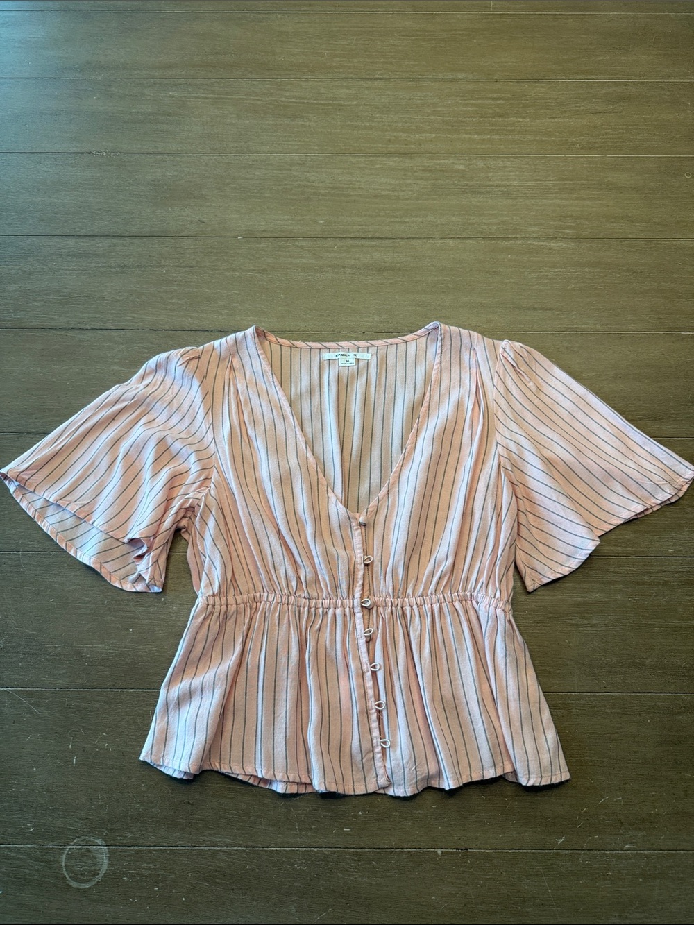 O'Neill Pink Striped Button-Front Peplum Blouse
